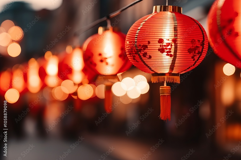 Vibrant red lanterns illuminated at night in a festive market, creating a warm atmosphere Vibrant red lanterns illuminated at night in a festive market, creating a warm atmosphere