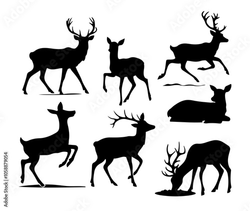Deer Silhouette Set - Elegant Stag and Doe Vector Collection for Wildlife, Holiday, and New Year Design Elements