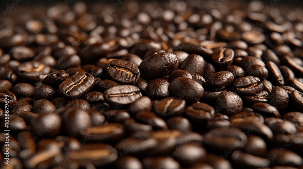 Obraz premium Scattered coffee beans with a dark, textured finish, creating a cozy coffee look, isolated on transparent background