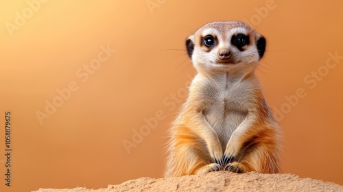 An alert meerkat stands on a sandy mound, peering intensely at the camera. The orange background complements the meerkat's lively and focused demeanor.