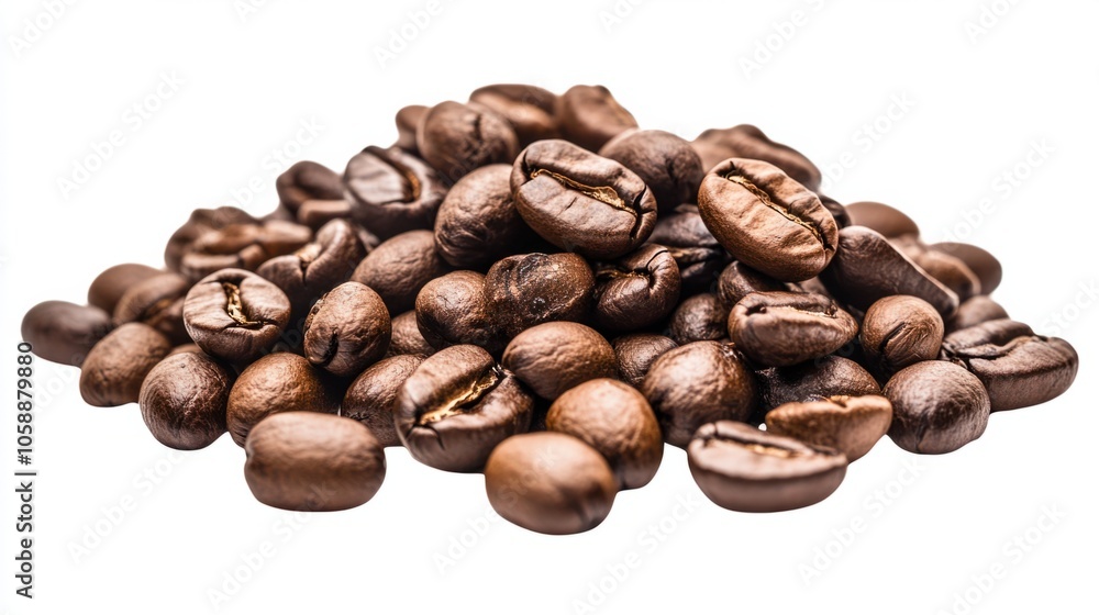 Naklejka premium Scattered coffee beans with a dark, textured finish, creating a cozy coffee look, isolated on transparent background