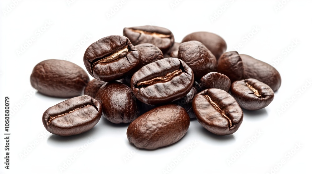 Fototapeta premium Scattered coffee beans with dark, rich tones and a glossy finish, symbolizing freshness, isolated on transparent background