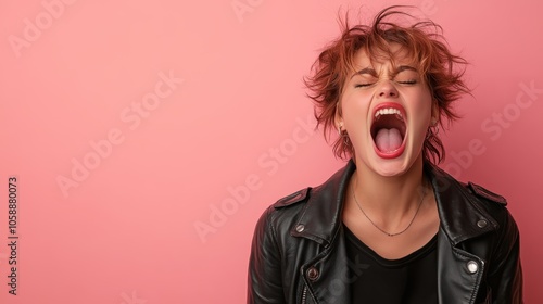 A female figure in a leather jacket energetically yelling against a soft pink backdrop, highlighting a contrast between intensity and tenderness. photo