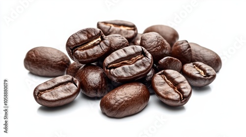 Scattered coffee beans with dark, rich tones and a glossy finish, symbolizing freshness, isolated on transparent background