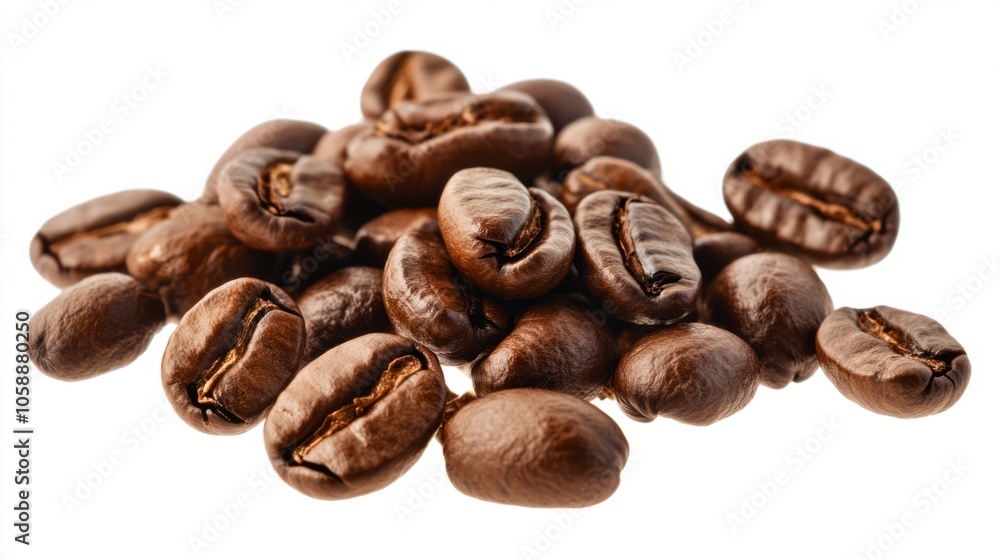 Scattered coffee beans with glossy surfaces and roasted texture, capturing rich aromas, isolated on transparent background Scattered coffee beans with glossy surfaces and roasted texture, capturing rich aromas, isolated on transparent background