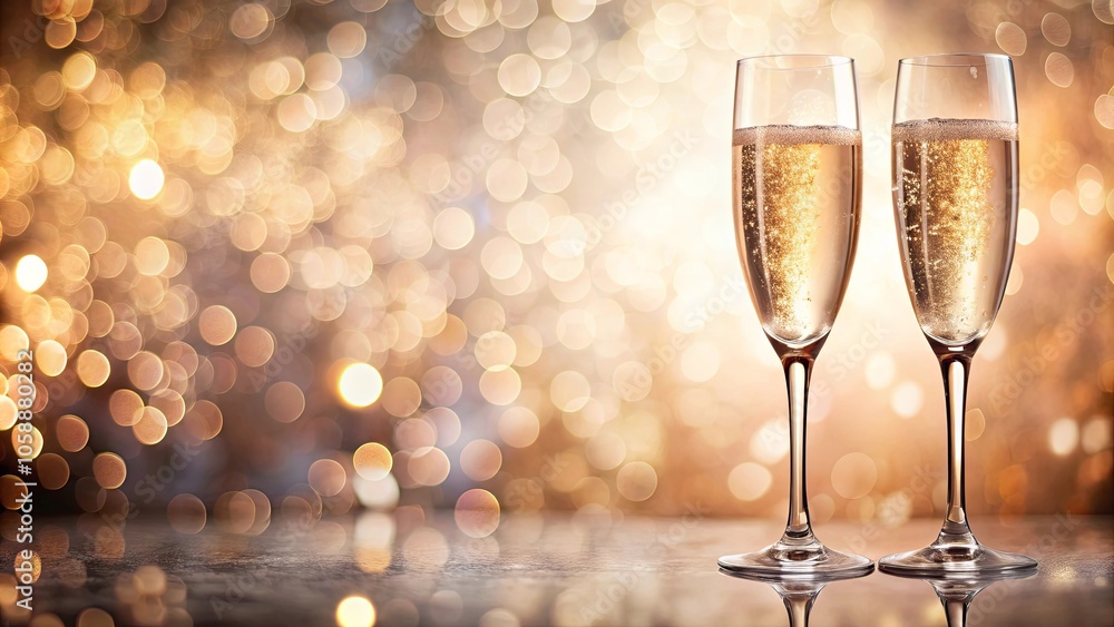 Two Champagne Flutes Filled with Sparkling Wine on a Reflective Surface with a Background of Bokeh Lights Two Champagne Flutes Filled with Sparkling Wine on a Reflective Surface with a Background of Bokeh Lights