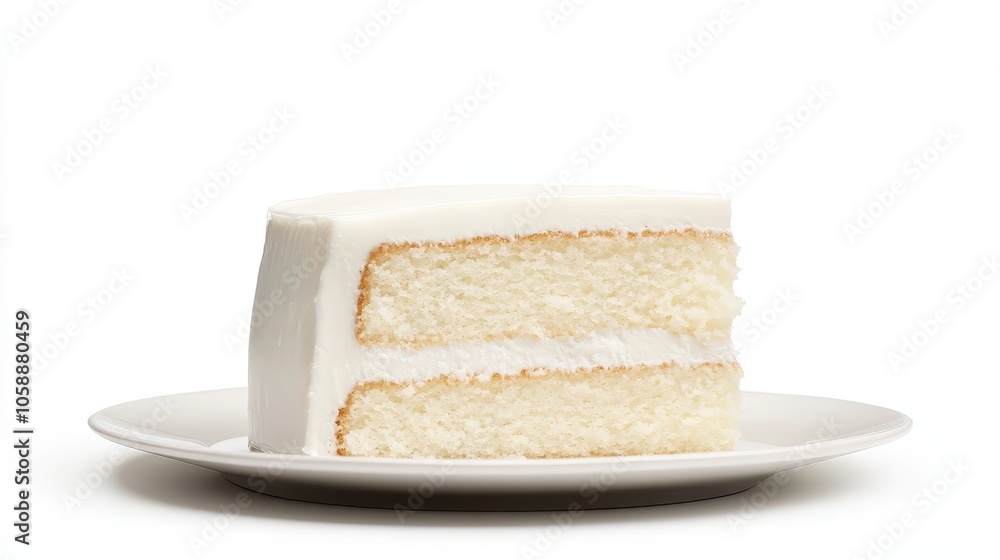 Slice of white cake on plate with smooth frosting against white background Slice of white cake on plate with smooth frosting against white background