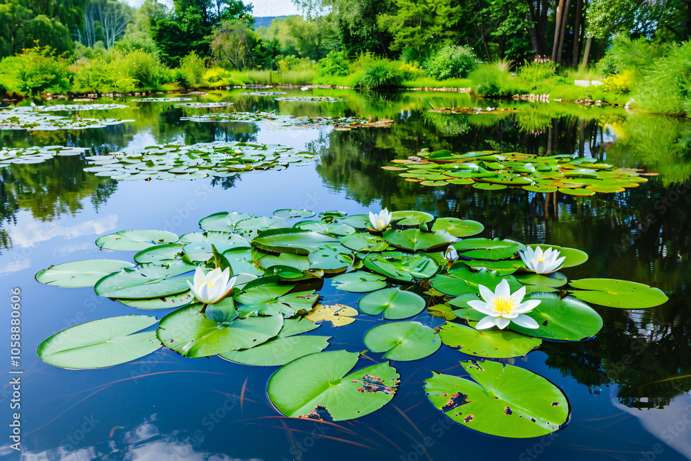 a tranquil garden pond with water lilies, surrounding greenery a tranquil garden pond with water lilies, surrounding greenery