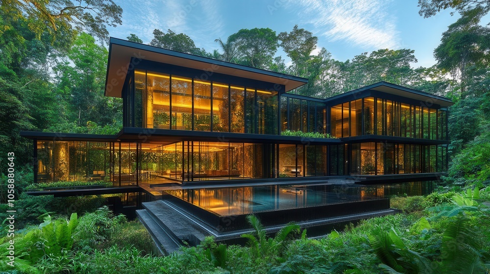 Obraz premium Luxurious Forest Haven: A Modern Architectural Masterpiece of Glass and Wood Floating Among Ancient Trees Where Contemporary Design Embraces Nature's Emerald Cathedral in Perfect Sustainable Harmony