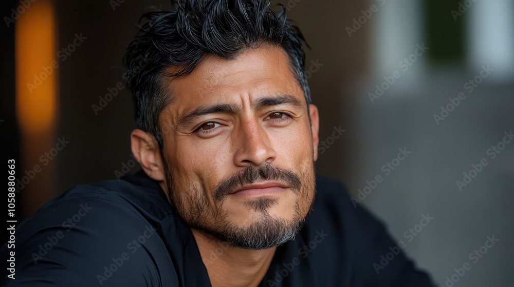 A man gazes thoughtfully while resting his chin on his hand, with stubble and tousled dark hair, in a moody and contemplative setting. A man gazes thoughtfully while resting his chin on his hand, with stubble and tousled dark hair, in a moody and contemplative setting.