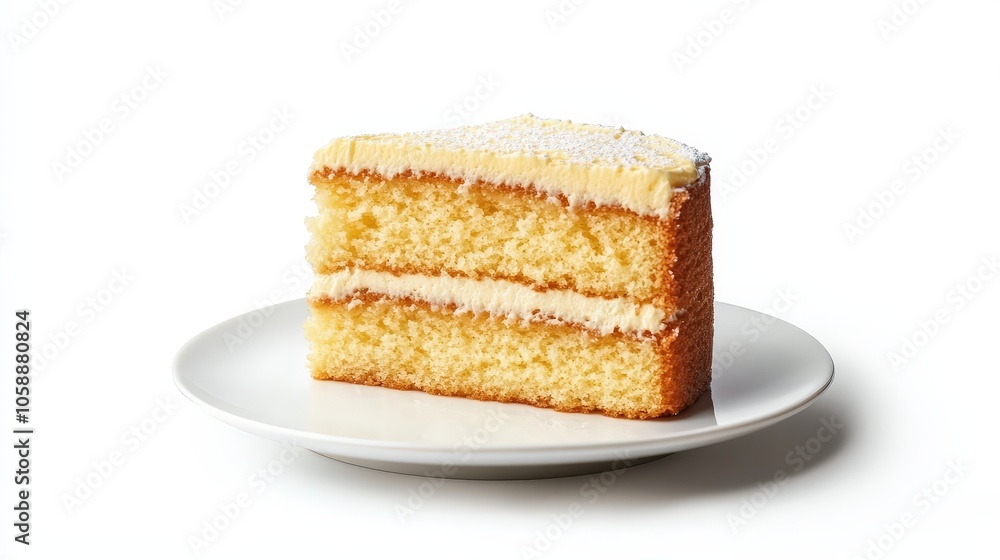 Delicious slice of classic sponge cake with cream frosting on white plate Delicious slice of classic sponge cake with cream frosting on white plate