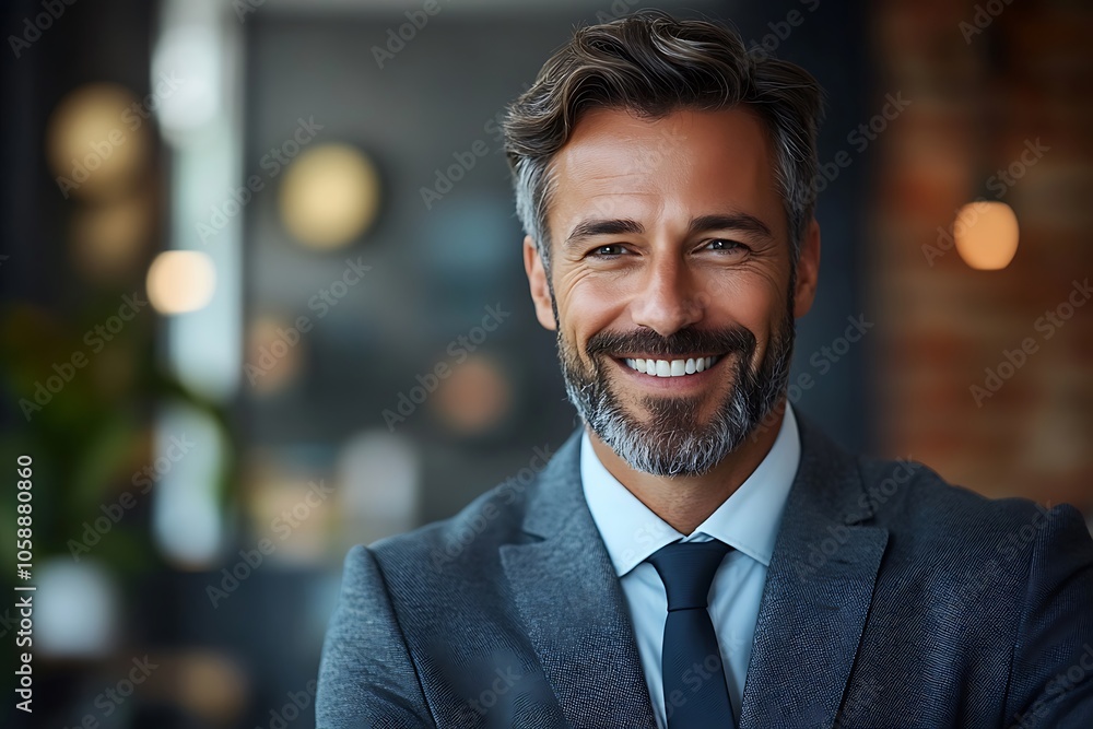 Successful Grey-Haired Businessman in Blue Suit with Friendly Smile Successful Grey-Haired Businessman in Blue Suit with Friendly Smile