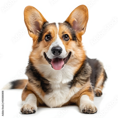 cute happy corgi dog lying on floor at home highlighted by white, png