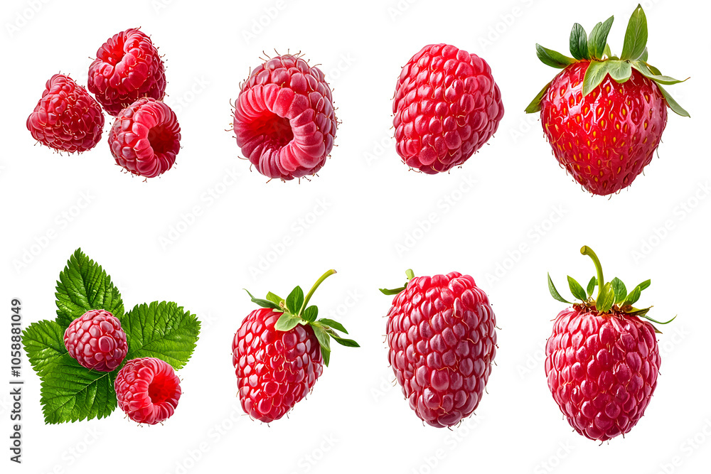 Cluster of Red ripe raspberries with green leaves isolated on a white background. Cluster of Red ripe raspberries with green leaves isolated on a white background.