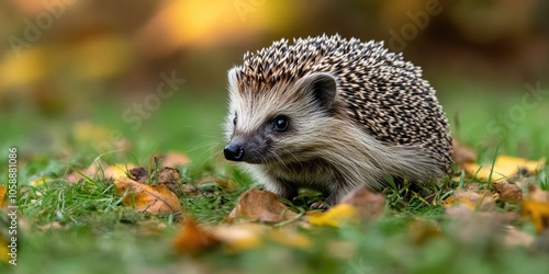 Autumnal scene with hedgehog walking through leafy grass. photo