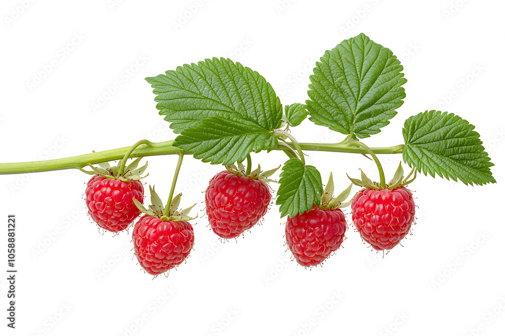 Red ripe raspberries with green leaves on a branch isolated on a white background. Red ripe raspberries with green leaves on a branch isolated on a white background.