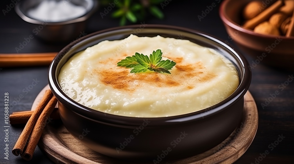 Creamy semolina pudding served in a bowl with spices and garnished with mint leaves Creamy semolina pudding served in a bowl with spices and garnished with mint leaves