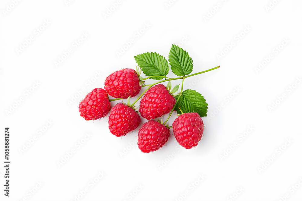 Red ripe raspberries with green leaves on a branch isolated on a white background. Red ripe raspberries with green leaves on a branch isolated on a white background.