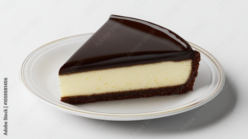 Delectable slice of chocolate glazed cheesecake on elegant white plate Delectable slice of chocolate glazed cheesecake on elegant white plate