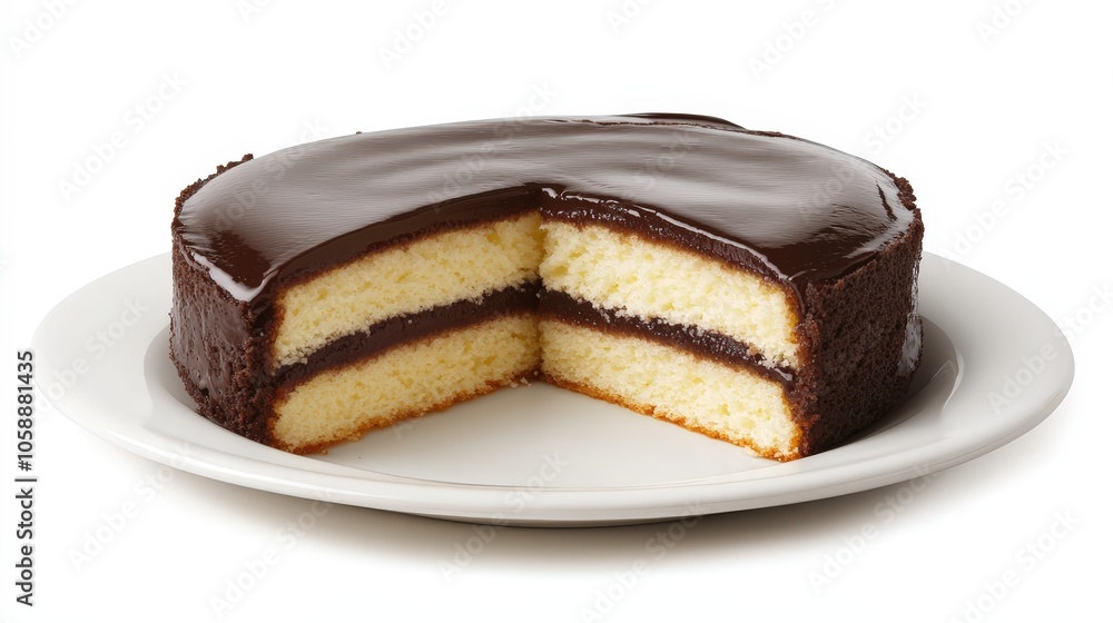 Delicious chocolate glazed layer cake on white plate Delicious chocolate glazed layer cake on white plate