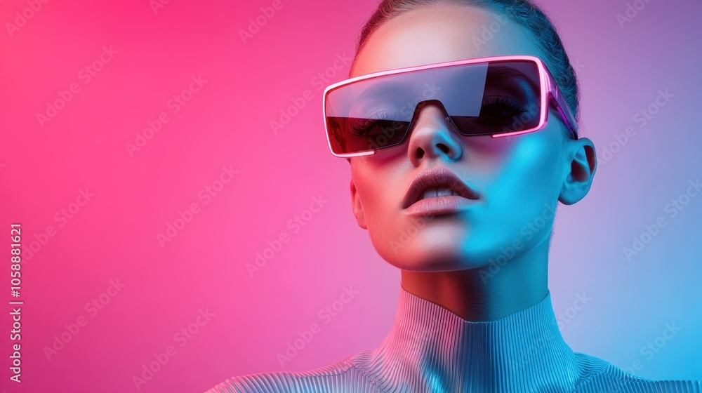 A model in neon-lit glasses highlighted by blue and pink lighting creates an enchanting vibe, showcasing the intersection of fashion and futuristic style in visual art. A model in neon-lit glasses highlighted by blue and pink lighting creates an enchanting vibe, showcasing the intersection of fashion and futuristic style in visual art.
