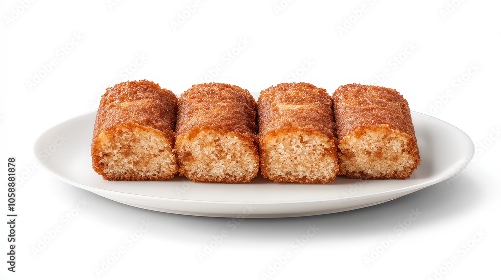 Delicious cinnamon sugar churro cakes arranged on white plate Delicious cinnamon sugar churro cakes arranged on white plate