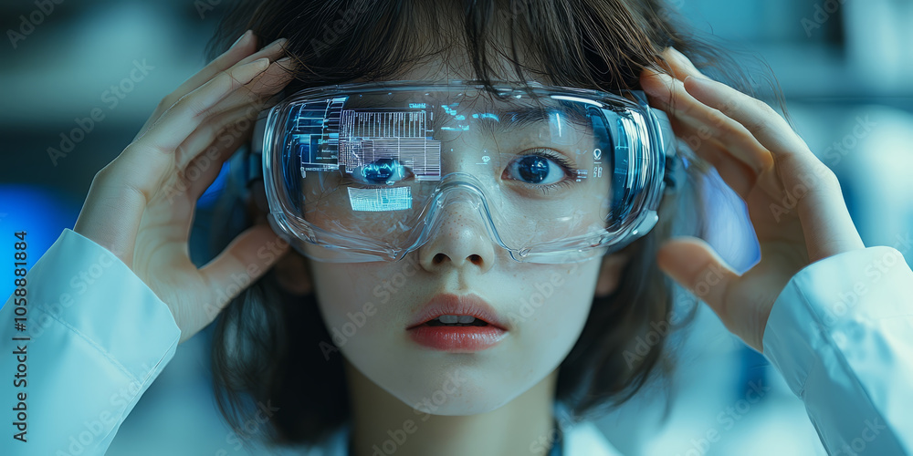 Young doctor with augmented reality glasses analyzing patient hologram, hospital background