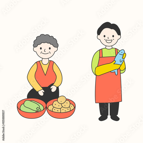 Vector illustration of Korean traditional market merchants.