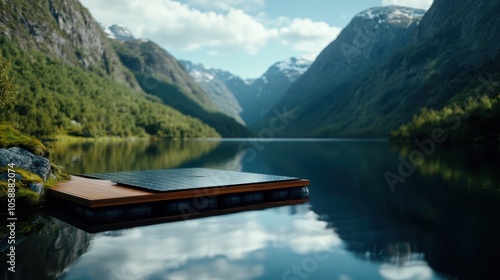 A lone solar panel floats silently on a mountain lake, its mirrored surface reflecting the surrounding beauty, embodying peace, innovation, and environmental harmony. photo