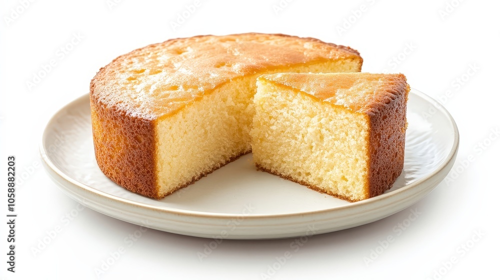 Classic homemade sponge cake on white plate with sliced piece Classic homemade sponge cake on white plate with sliced piece