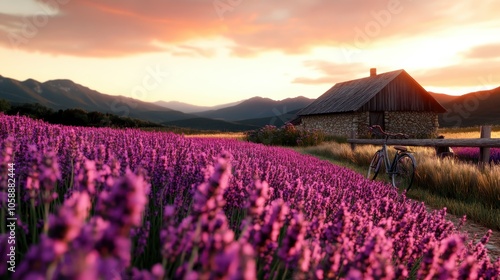 A charming rustic cabin nestles among blooming lavender fields against a picturesque sunset, exuding peace and natural beauty in the tranquil countryside landscape. photo