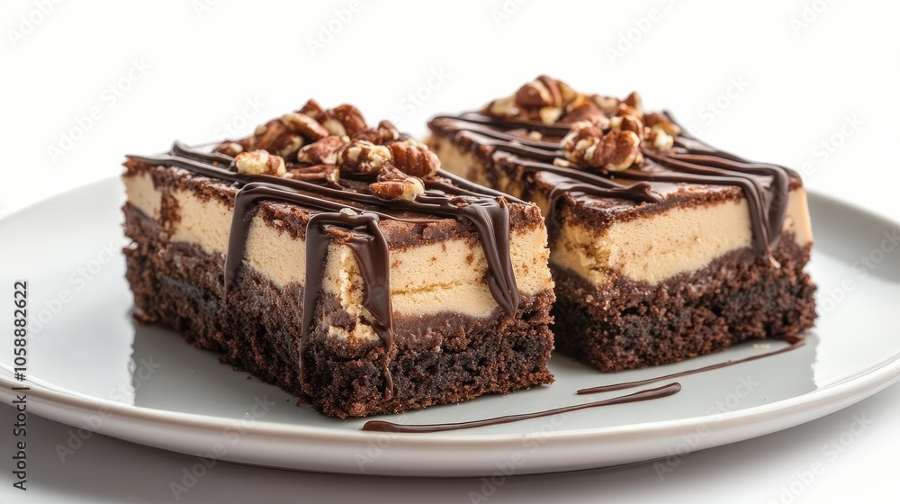 Decadent chocolate caramel cheesecake bars with pecans on a white plate Decadent chocolate caramel cheesecake bars with pecans on a white plate