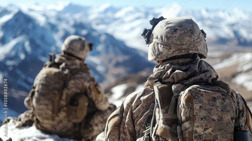 Two soldiers, in full combat gear, scan the horizon of a serene snow-covered mountain range, representing strategic surveillance and teamwork in harsh conditions. Two soldiers, in full combat gear, scan the horizon of a serene snow-covered mountain range, representing strategic surveillance and teamwork in harsh conditions.