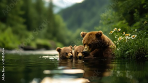 A mother bear and her two playful cubs enjoy a refreshing bath in a serene mountain stream surrounded by lush greenery, symbolizing family bonds and tranquility. photo