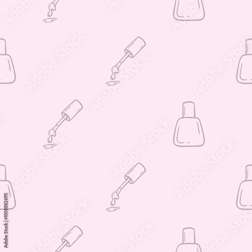 Simple pink monochrome seamless pattern with nail polish. Vector background for a beauty salon, advertising the services of a hairdresser, cosmetologist. Set of symbols and icons for sign design 