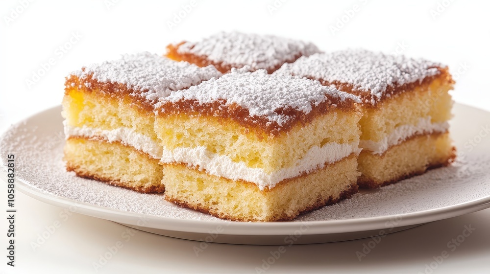 Delicious vanilla sponge squares topped with powdered sugar on white plate Delicious vanilla sponge squares topped with powdered sugar on white plate