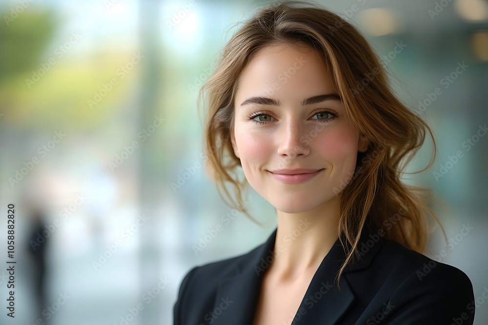 Young Businesswoman Confidently Smiling in Office Portrait Young Businesswoman Confidently Smiling in Office Portrait