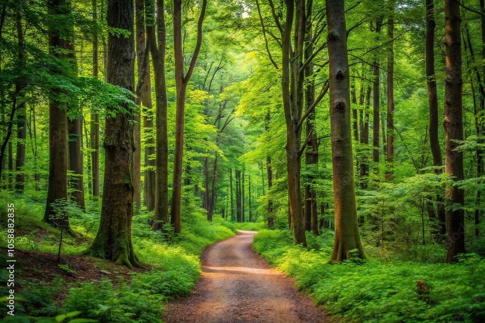 Fototapeta premium Trail winding through dense forest with tall trees and vibrant green foliage, serene, wildflowers, trails, peaceful