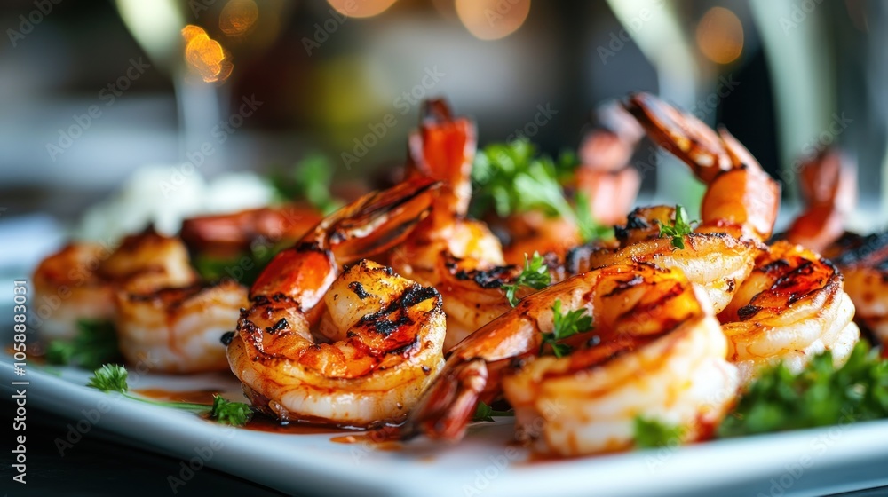 Grilled Shrimp with Parsley on a White Plate Grilled Shrimp with Parsley on a White Plate