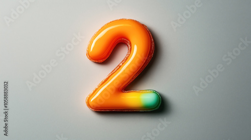 Shiny orange number two with a candy-like texture and green color gradient on a plain gray background.