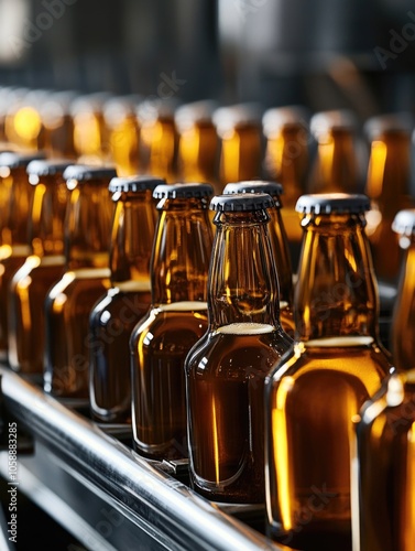 This image depicts a large assembly line of glass beer bottles being processed. The focus is on the efficient industrial setup, highlighting the automation and precision involved in manufacturing.