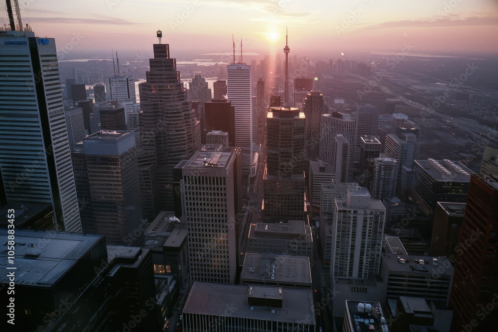 Obraz premium High above the city, dusk's pink hues envelop towering skyscrapers, creating a majestic skyline that blends nature and urban sophistication.