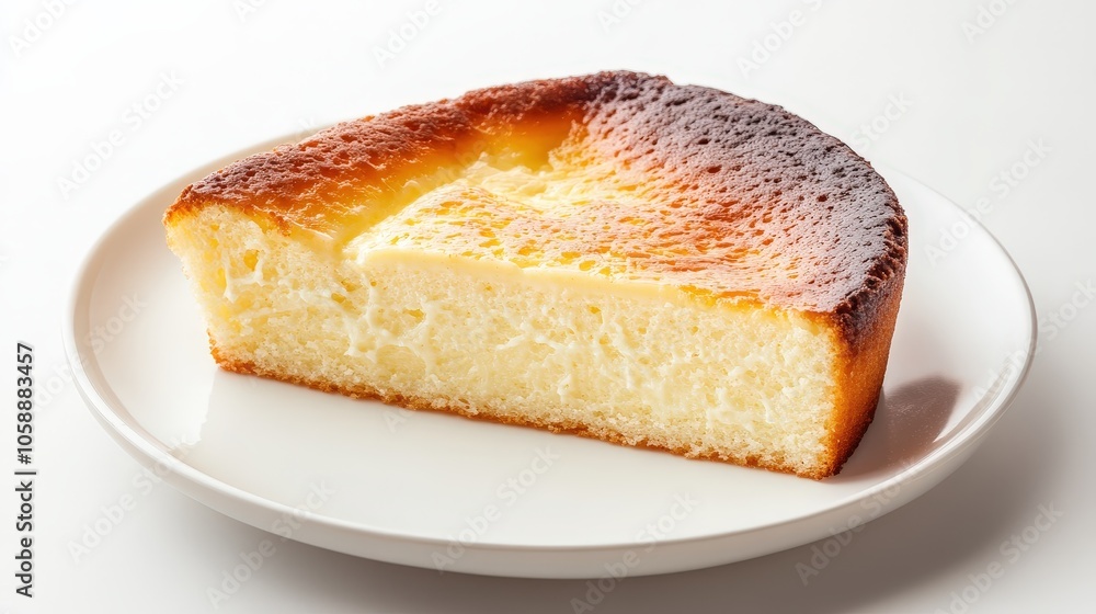 Delicious slice of japanese basque burnt cheesecake on white plate Delicious slice of japanese basque burnt cheesecake on white plate