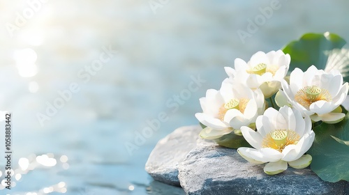 White Water Lily Flowers on Stones in Water with Sun Reflections