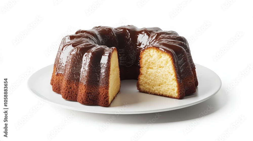 Chocolate glazed bundt cake on white plate with a slice removed Chocolate glazed bundt cake on white plate with a slice removed