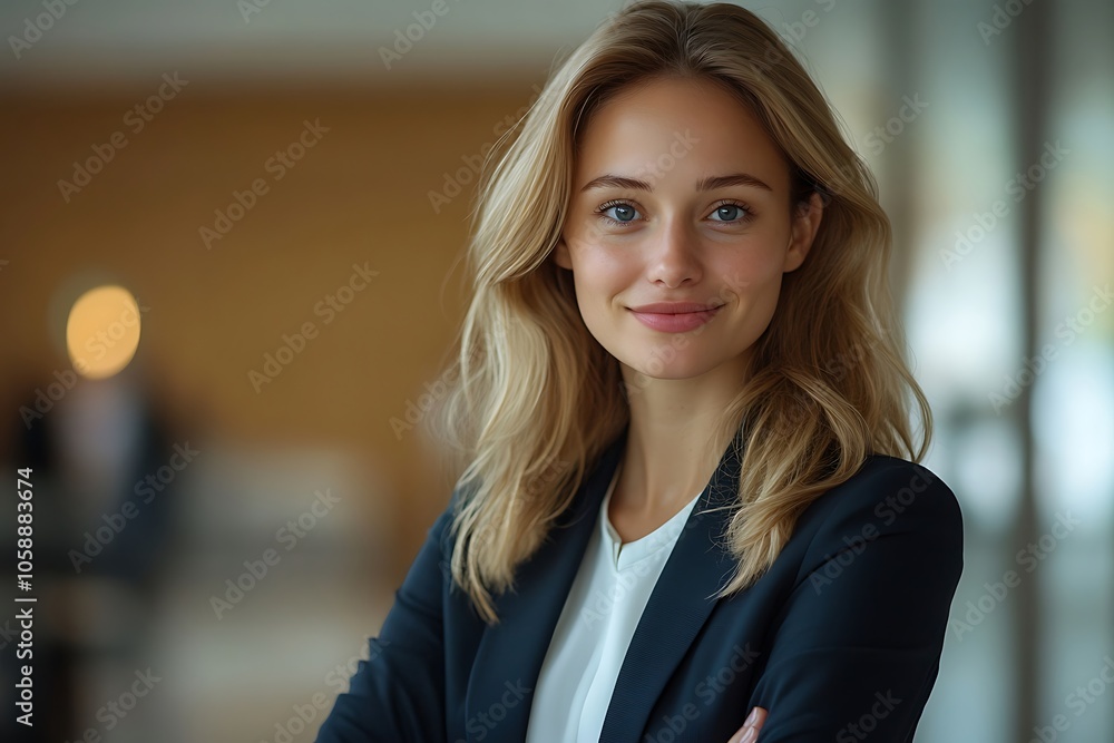 Young Businesswoman in Blazer, Office Portrait, Blonde Wavy Hair. Young Businesswoman in Blazer, Office Portrait, Blonde Wavy Hair.