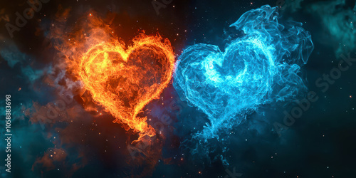 Two hearts are burning in the sky, one red and one blue