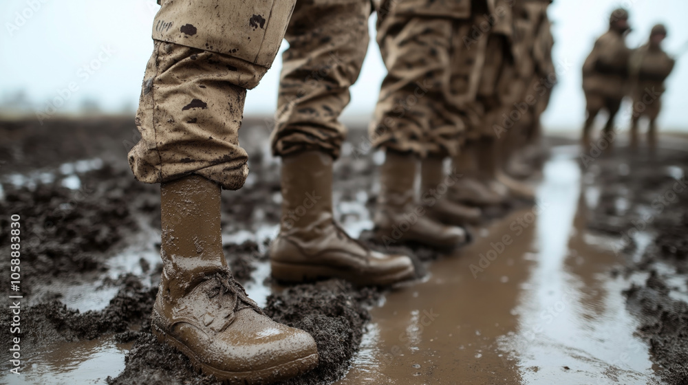 Line of soldiers standing in muddy terrain wearing camouflage pants and muddy boots during training exercise on a rainy day. Line of soldiers standing in muddy terrain wearing camouflage pants and muddy boots during training exercise on a rainy day.