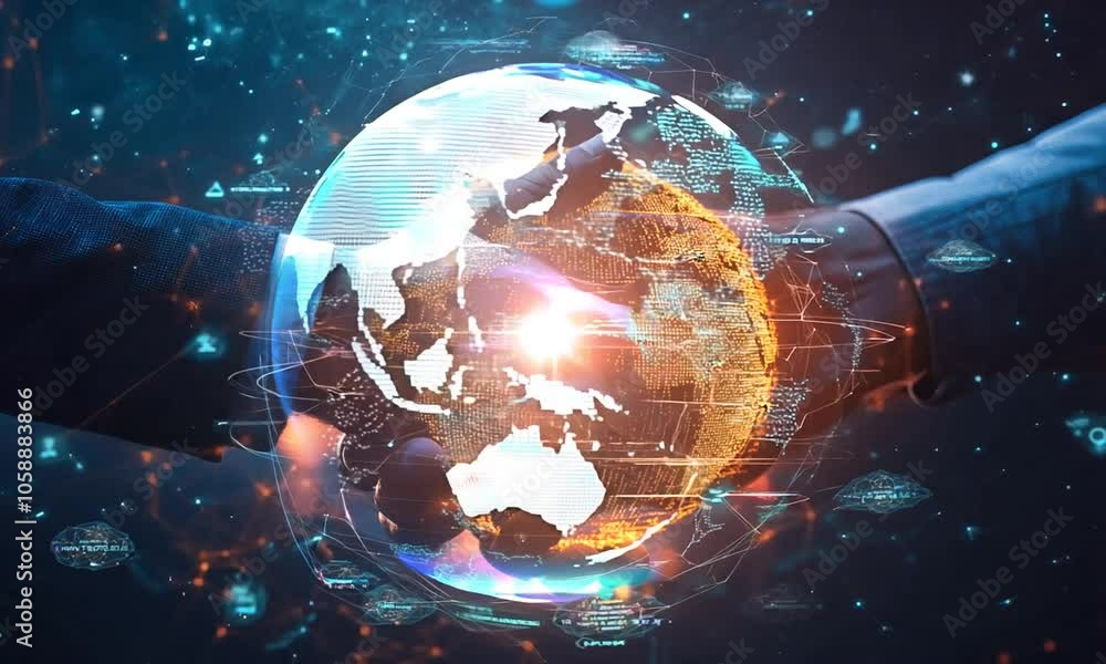 Two Hands Shaking with a Digital Globe in the Center Two Hands Shaking with a Digital Globe in the Center