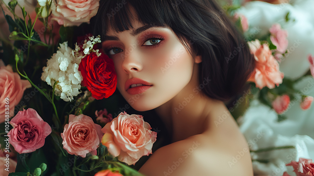 Beauty brunette with bunch of flowers ai generative Beauty brunette with bunch of flowers ai generative